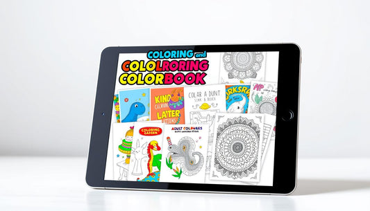 Coloring Book Bundle overview showing sample pages from kids and adults collections