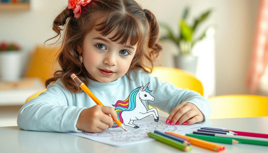 Young girl coloring a unicorn page with colored pencils, focused expression showing creativity at work