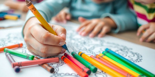 Kids coloring, vibrant crayons, happy faces, creative fun.