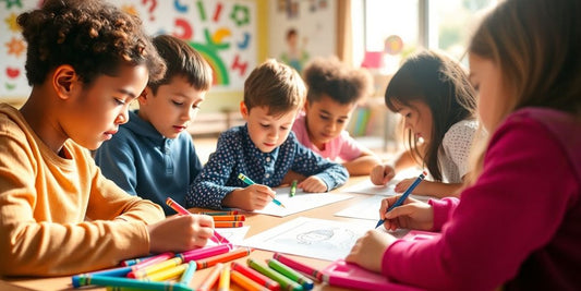 Children coloring playful educational pages in a classroom.