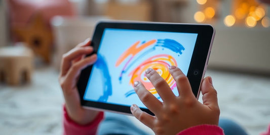Child coloring on tablet, vibrant digital art.