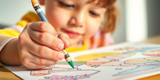 Child coloring, calm expression, vibrant colors.