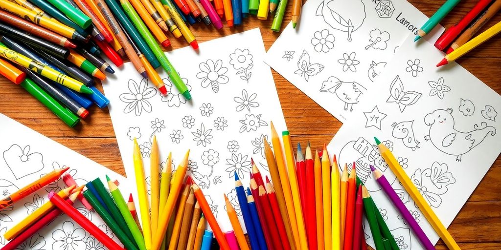 Colorful crayons, markers, and colored pencils with coloring pages.