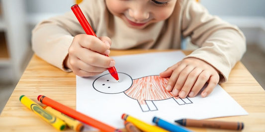 Child coloring with crayons, focused and happy.