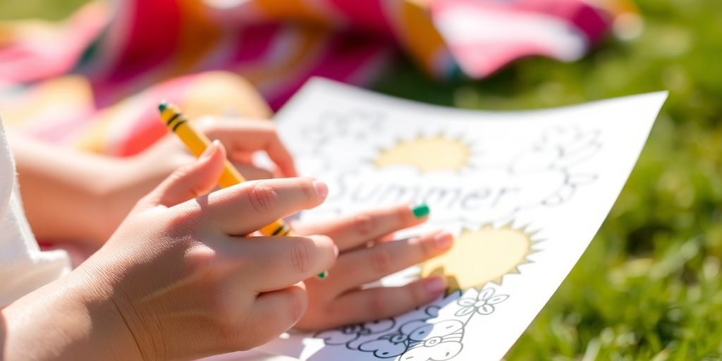 A child colors a summer picture outdoors in the sun.